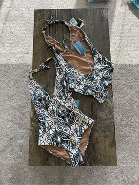 Brand name One-Piece Swimsuit in Blue, Brown & White Floral Print
